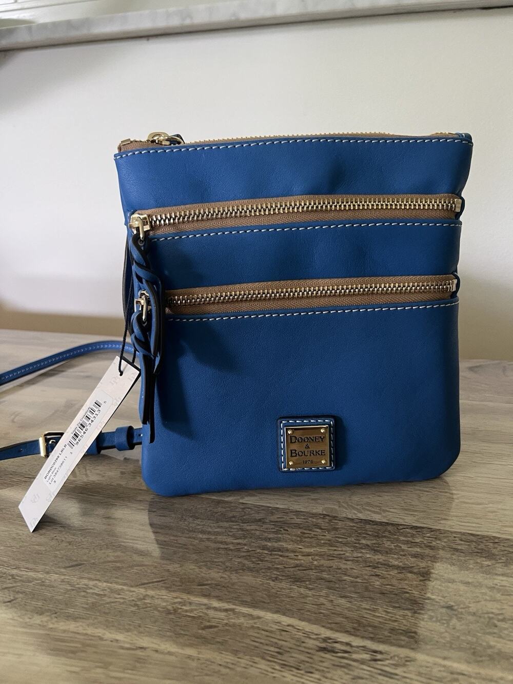 Dooney & Bourke Light Blue Leather North South Triple Zip Crossbody Bag NWT
